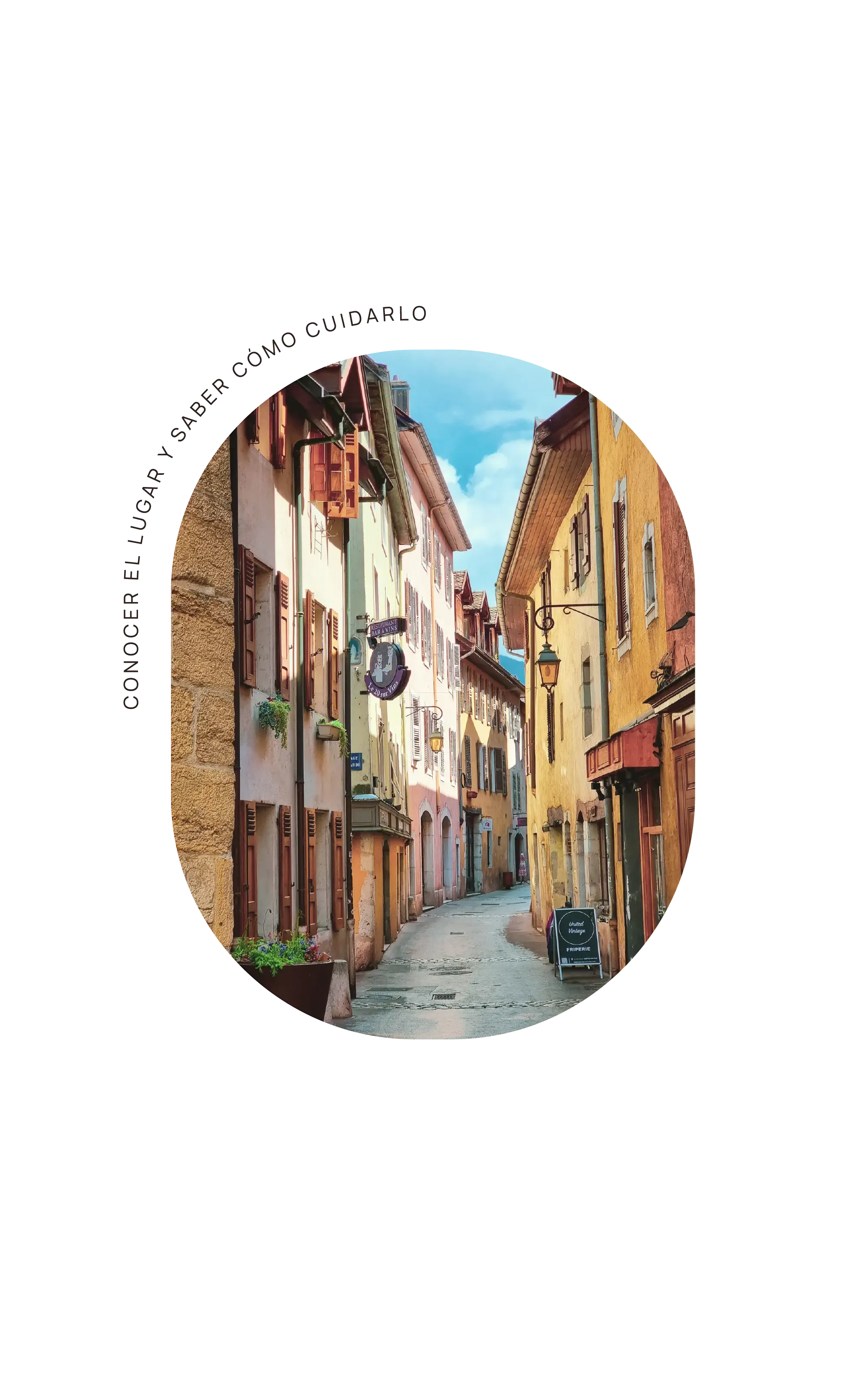 Calle antigua alrededor del lago de Annecy con la frase Confiar las llaves y dejar que las cuiden